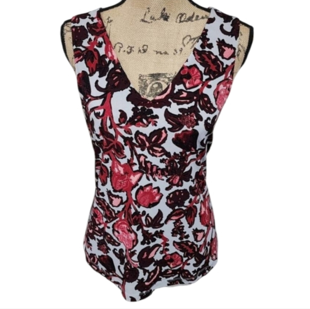 Donna Karan New York Womens XS Floral V-Neck Sleeveless Shell Top Burgundy White